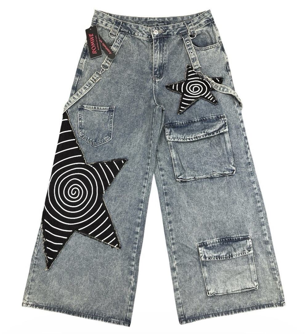 ROMWE Women’s Star Patch Suspenders Baggy Jeans Size 12 Punk Streetwear